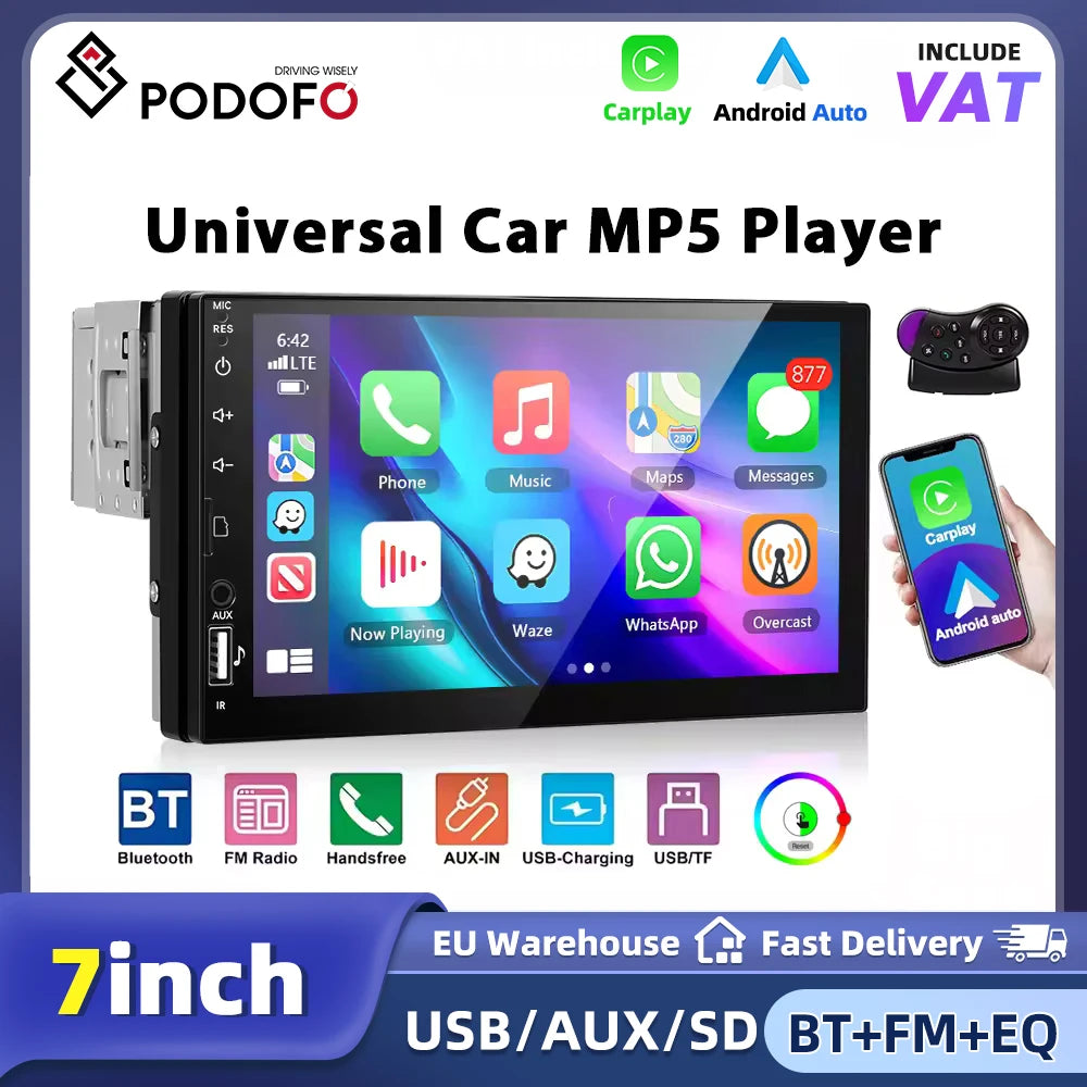 Podofo – Autorradio universal 1DIN CarPlay Bluetooth